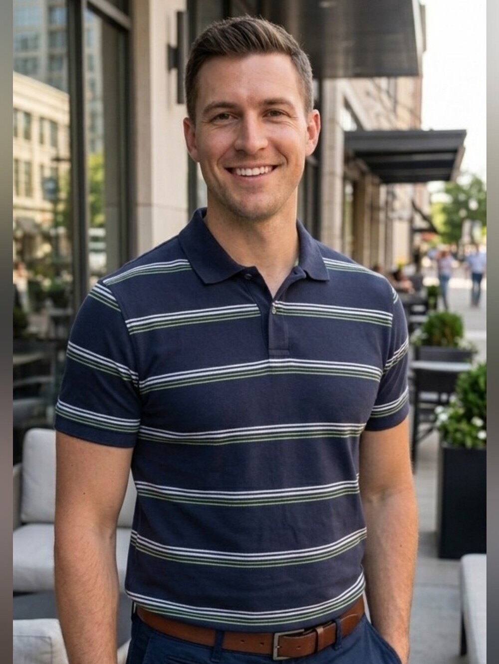 Banana Republic Premium Fitted Stretch Polo – Navy Blue, White & Green Stripe XL